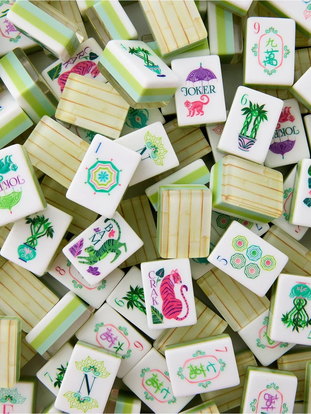 Palm Royal Green Mahjong Tiles Set - Bamboo Pink & Blue Accents